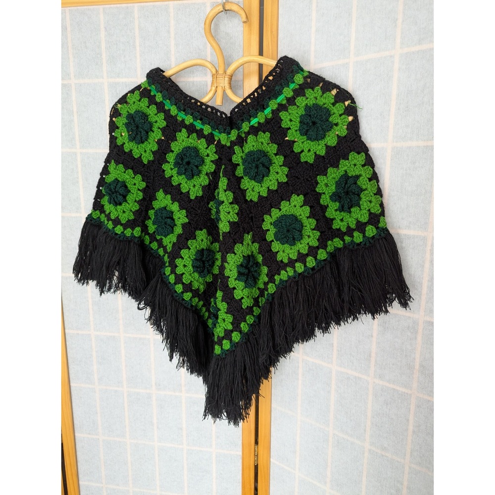 Kids Crochet Granny Square Poncho Black Green Fringe Boho